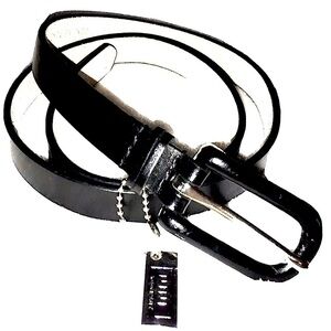 Nine West Slim Belt Patent Leather Skinny Belt with Silver Logo Charm, S